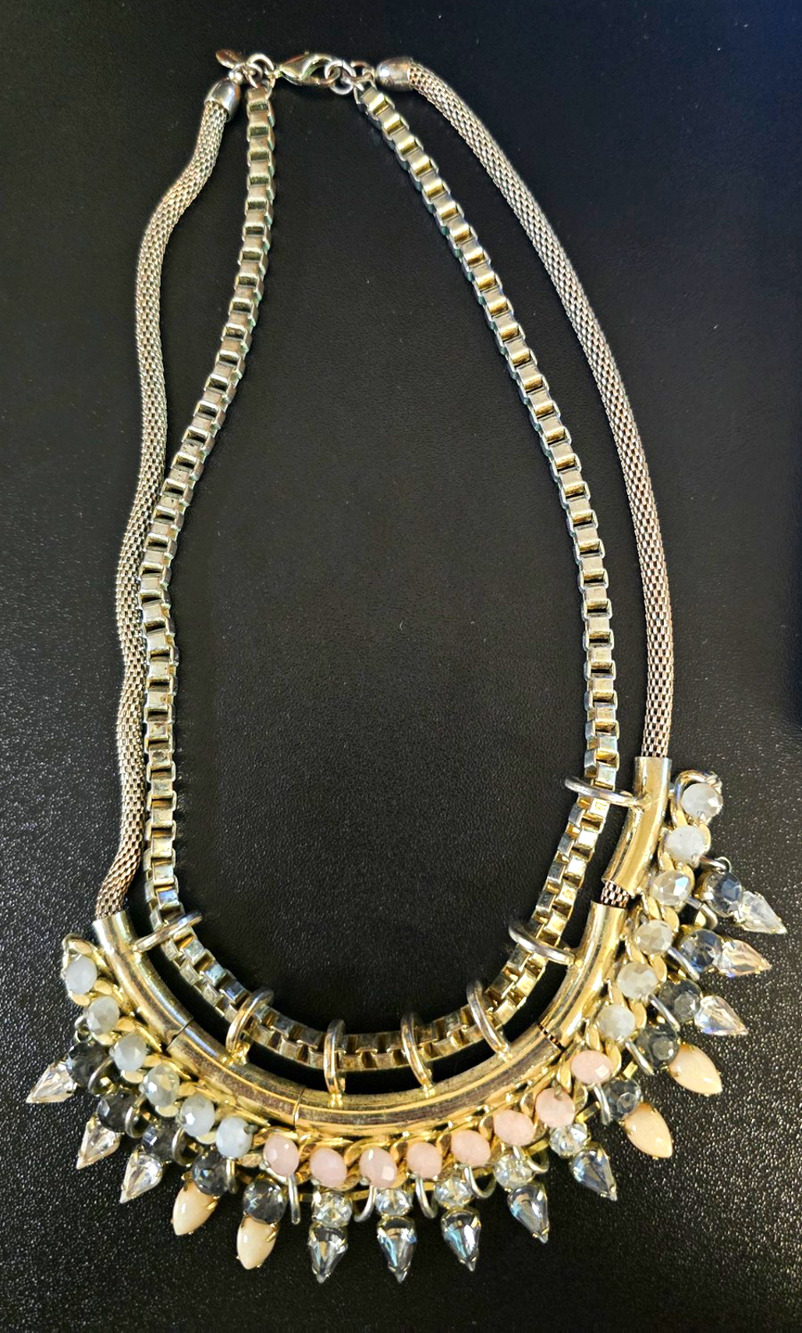 Express Silver Tone Layered Box Chain Collar Necklace Clear Teardrop Crystals